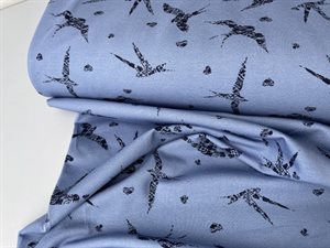 Bomuldsjersey - med skønne fugle på blågrå bund